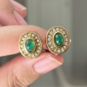 Vintage Christian Dior Mini Oval Green Swirly Glass Rhinestone Gold Earrings